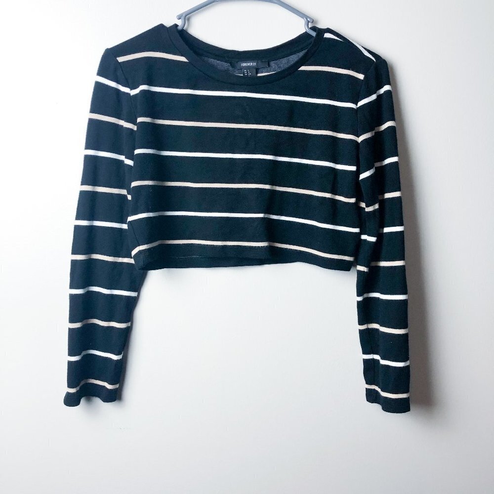 Forever21 Cropped Striped Neutral Long Sleeve Top